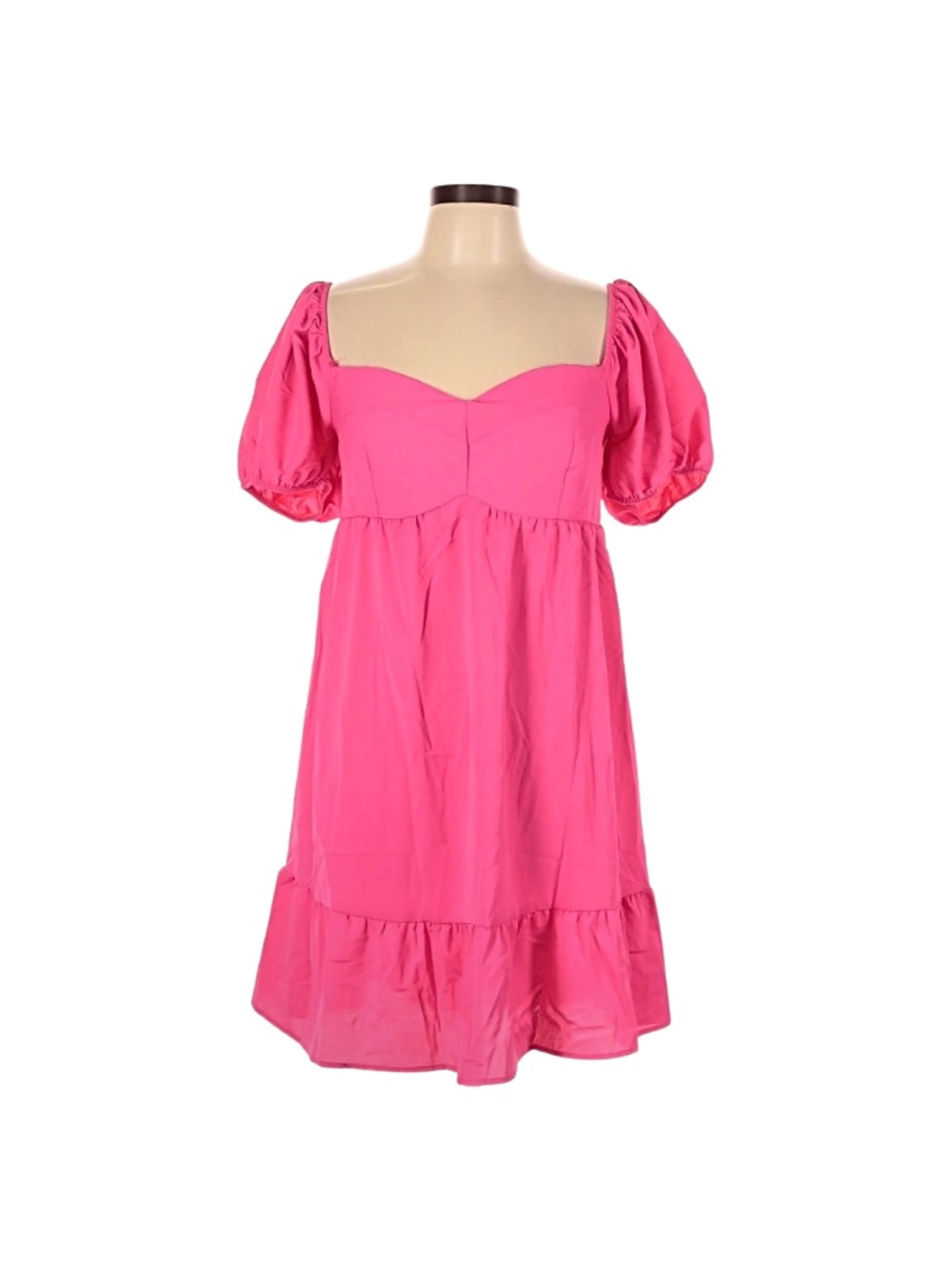Belongsci Hot Pink Puff Sleeve Short Dress Casual Feminine Maximalist Summer